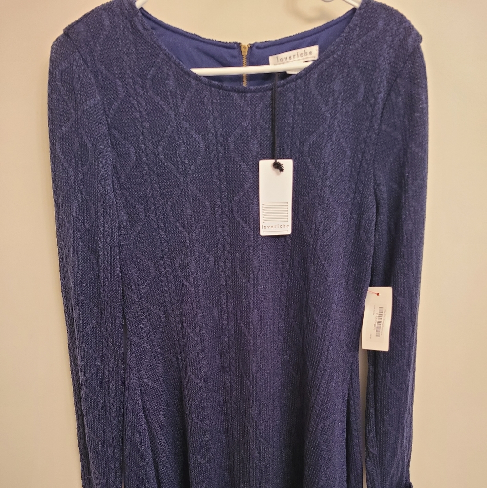 NWT LOVE RICHE SWEATER DRESS, SZ:L, NAVY BLUE, FIT & FLARE